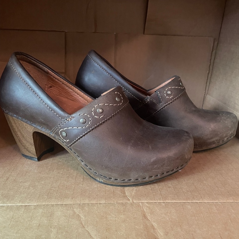 Dansko Brown Leather Clogs with Wooden Heels